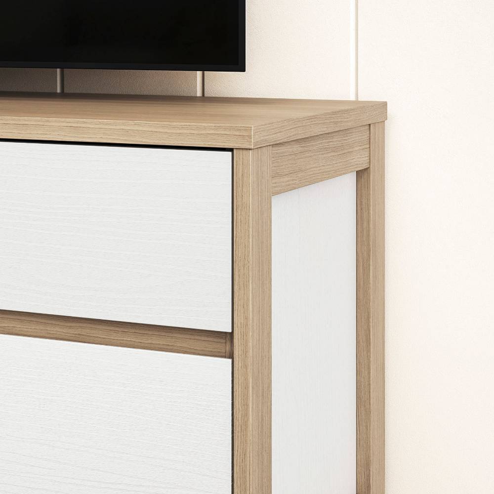 Obere Ecke des TV-Sideboards in Eiche Dekor mit weißer Front und robuster Oberfläche – Ovidio