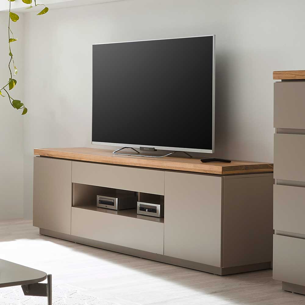 Modernes TV Lowboard in Taupe mit Akazienholzplatte und viel Stauraum – Anja