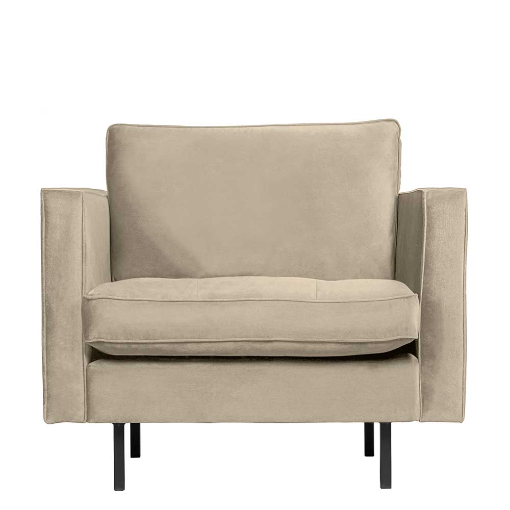 Eleganter Polstersessel in Khaki Samt von vorne mit schwarzen Metallfüßen – Afeiro