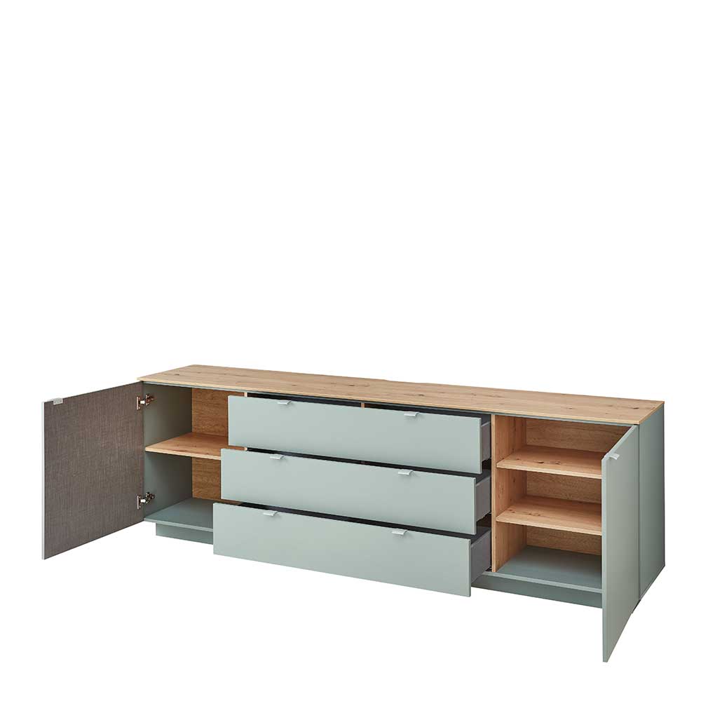 Sideboard geöffnet mit Einlegeböden und drei Schubfächern in hellem Holz – Yoan