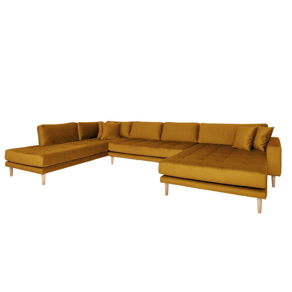 Geräumiges U-Sofa senfgelb aus edlem Samtstoff für modernes Wohnambiente – Capeko