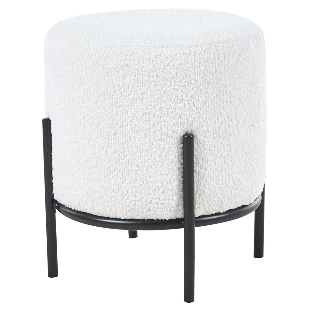 Runder Design Hocker weiß Boucle Bezug schwarzes Metallgestell – Pyra