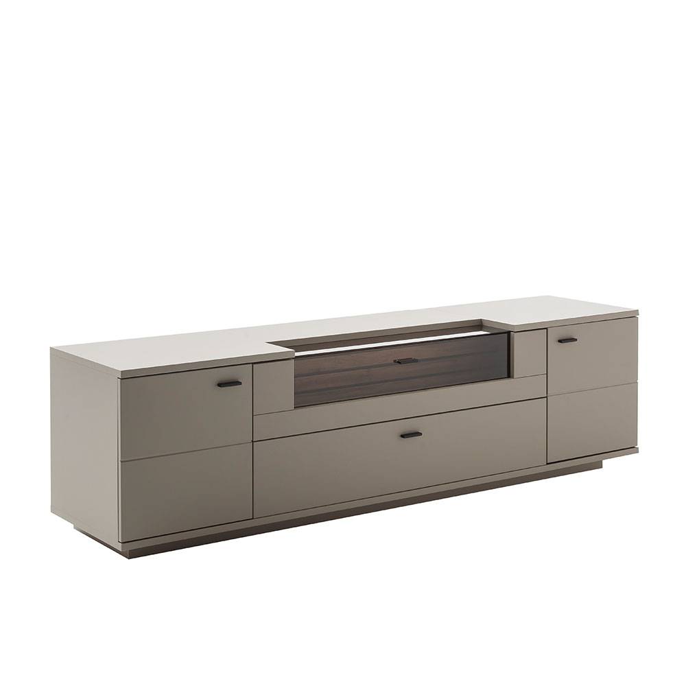 Eleganter TV Unterschrank in Beige-Grau mit Schubladen und LED Beleuchtung – Teorina
