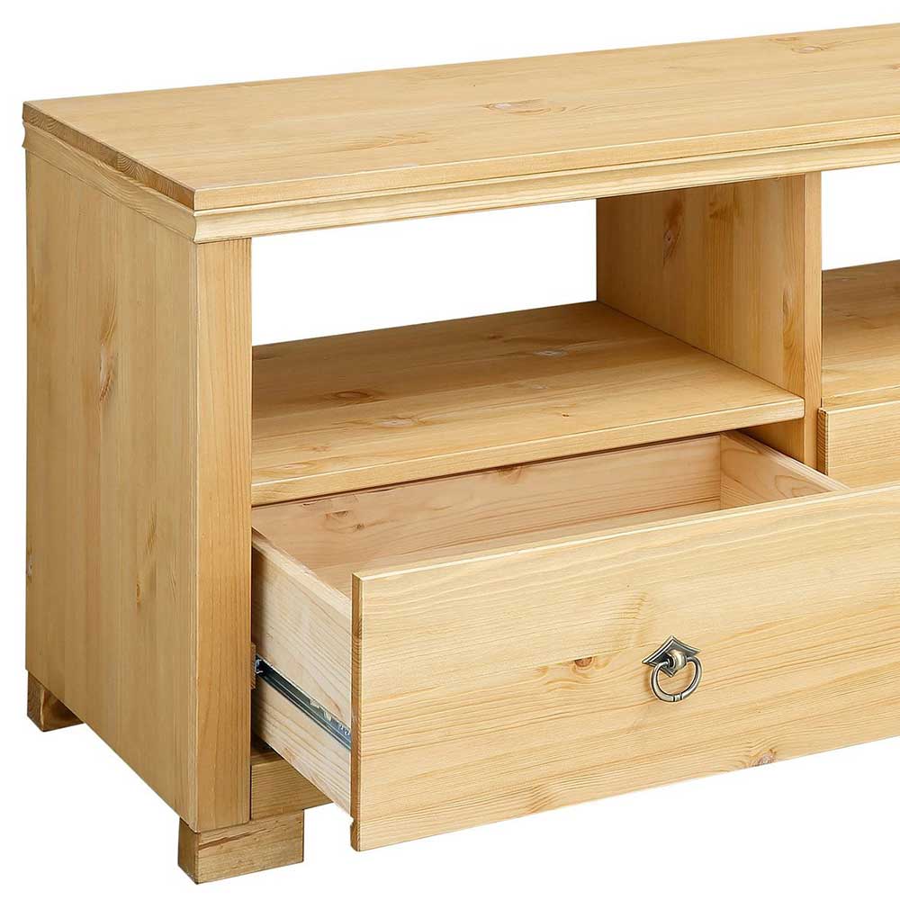 Massivholz TV Board natur geölt mit offener Schublade, Metallringgriff und praktischem Ablagefach – Vinidad