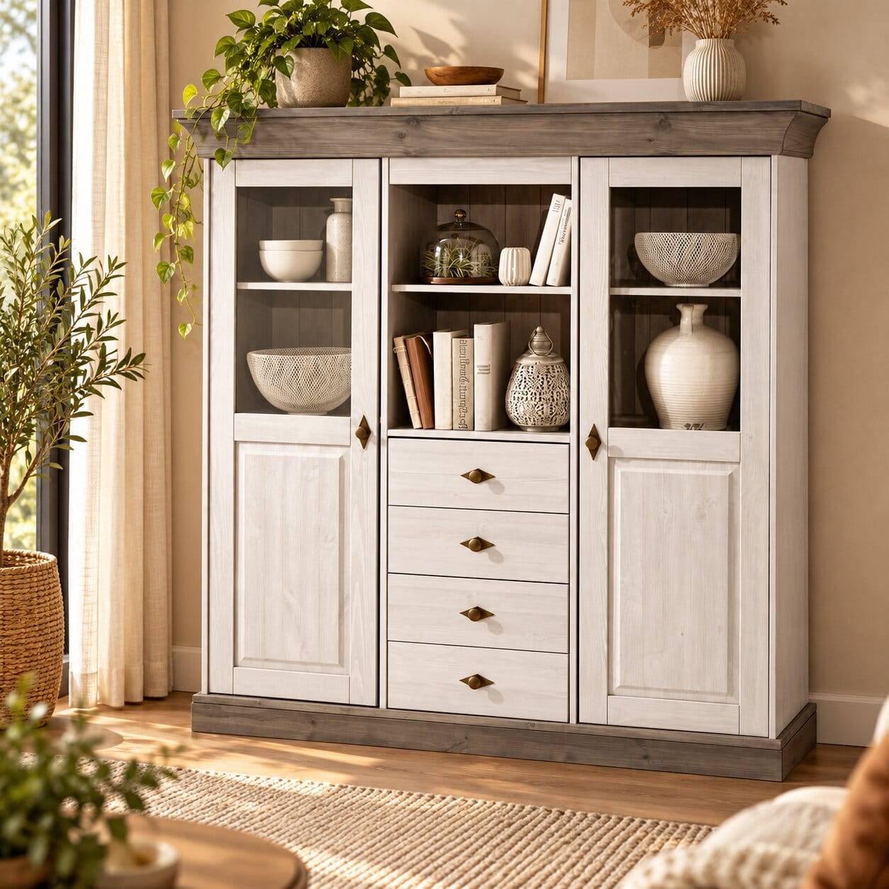 Wohnzimmer Highboard Mirandesca in Grau Weiß
