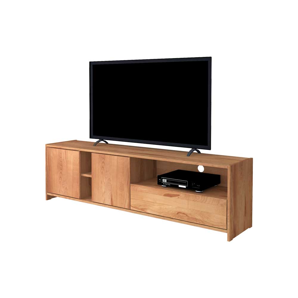 TV Lowboard aus Kernbuche Massivholz mit Schiebetüren, offenem Fach und Schublade für Wohnzimmer – Salomonia