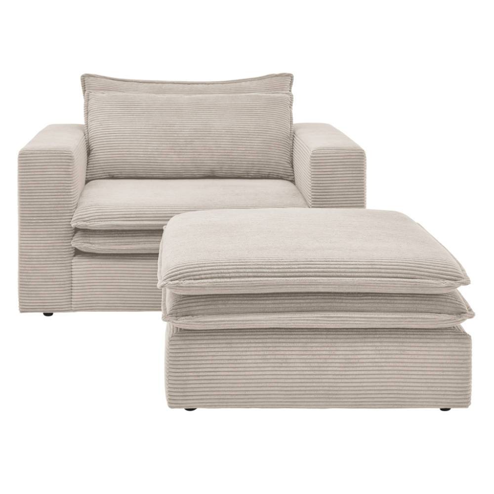 Beiger Cord Sessel und Hocker in Frontansicht, gemütliches Lounge-Möbel – Jony