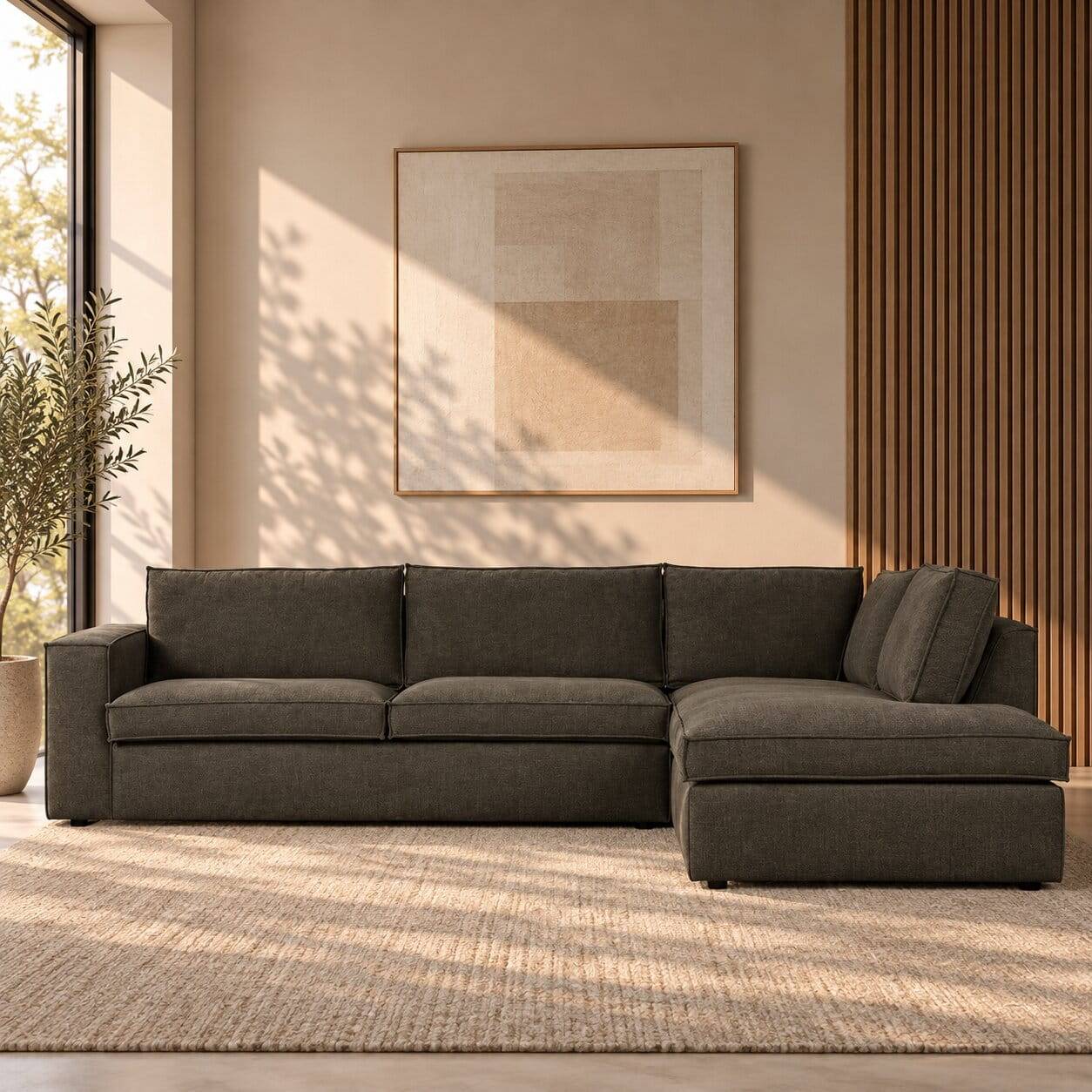 Braunes Wohnzimmersofa in L-Form aus Webstoff - Bravassa