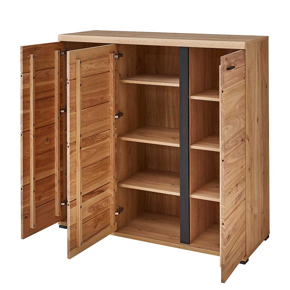 Geräumiges Highboard aus Massivholz mit drei offenen Türen und verstellbaren Regalböden – Latenda