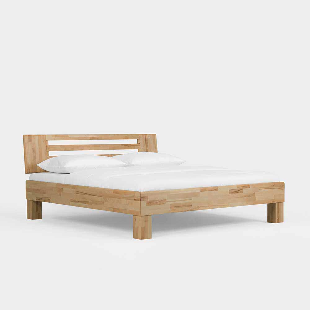 Holzbett aus massiver Kernbuche natur geölt mit Lattenrost und elegantem Kopfteil fürs Schlafzimmer – Life