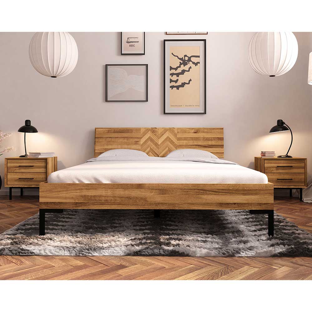 Wildeiche Bett mit Fischgrät Design Kopfteil - Kerfa