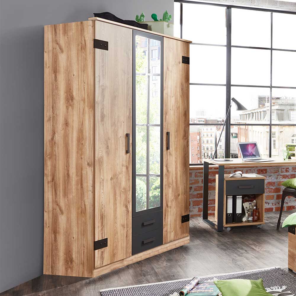 Dreitüriger Schlafzimmerschrank mit großem Spiegel und zwei Schubladen in Eiche Optik – Uletria