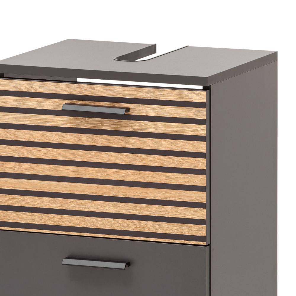 Schmaler Waschbeckenunterschrank mit Holzlamellenfront und anthrazitfarbener Schublade – Zyrian