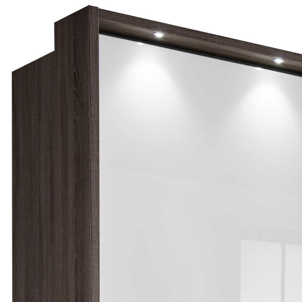 Dunkler Holzrahmen Schwebetürenschrank mit integrierten LED-Spots und weißer Hochglanz-Front – Seymour