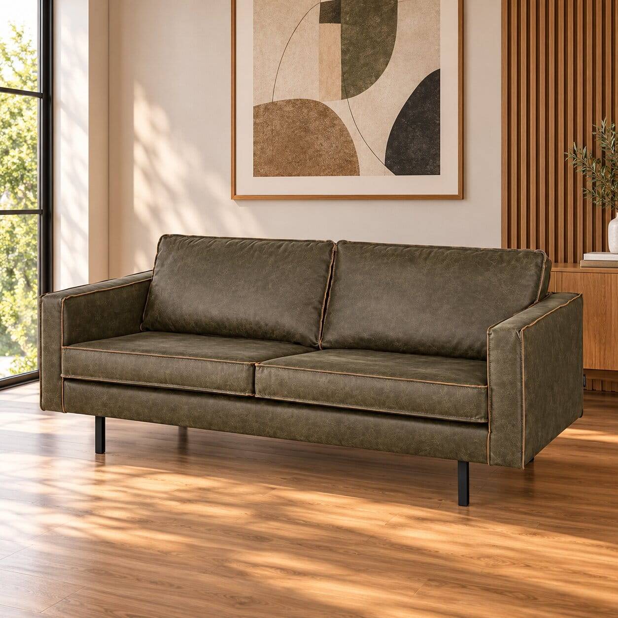 Olivgrünes Lounge Sofa Join als 2-Sitzer mit Kunstlederbezug und Kontrastnaht – Join