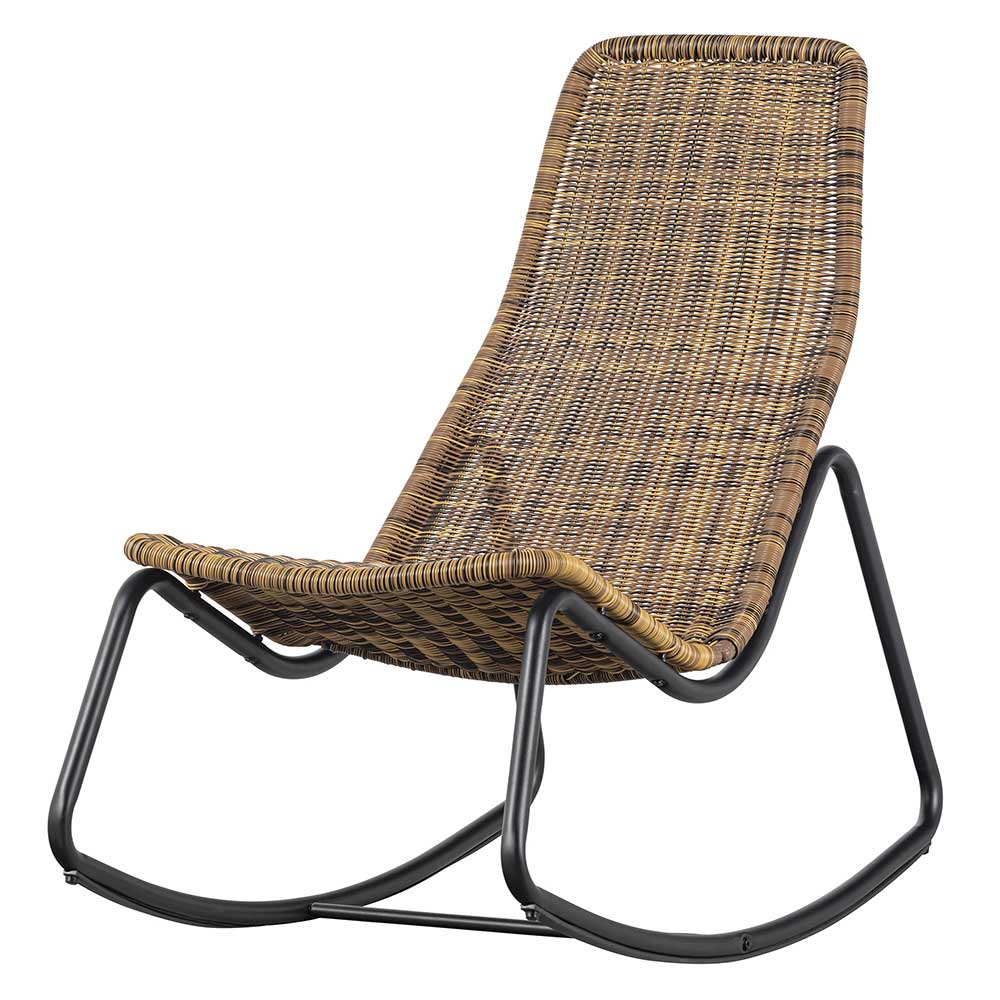 Robuster Skandi Terrassenschaukelstuhl aus braunem Polyrattan und schwarzem Gestell – Lucia