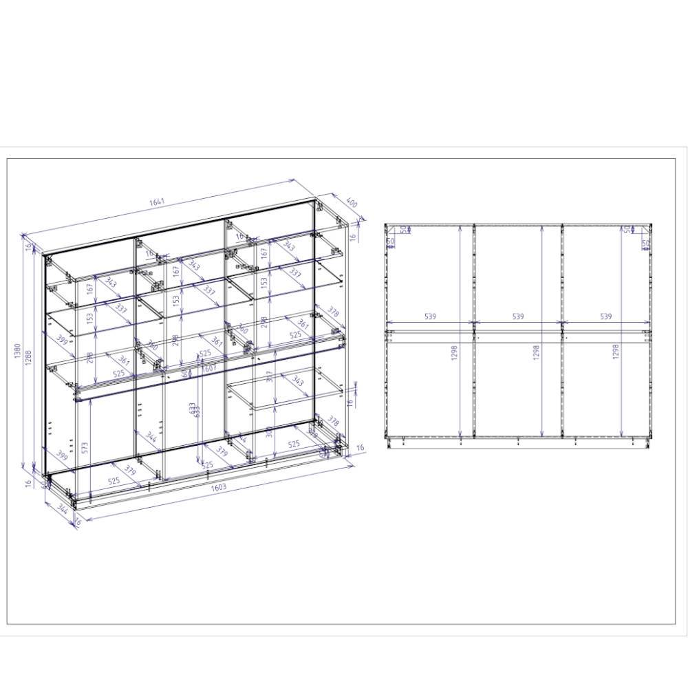 Highboard Vitrinenschrank Innenansicht mit Maßen und Fächereinteilung – Spain