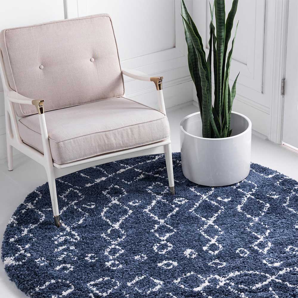 Moderner Hochflor Teppich in Blau mit Creme - Luzian