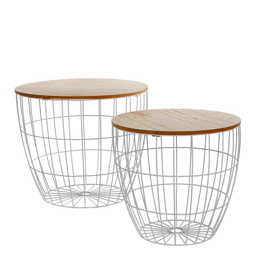 Zweiteiliges Beistelltisch-Set mit hellen Holzplatten und weißen Metallkörben – Vionna