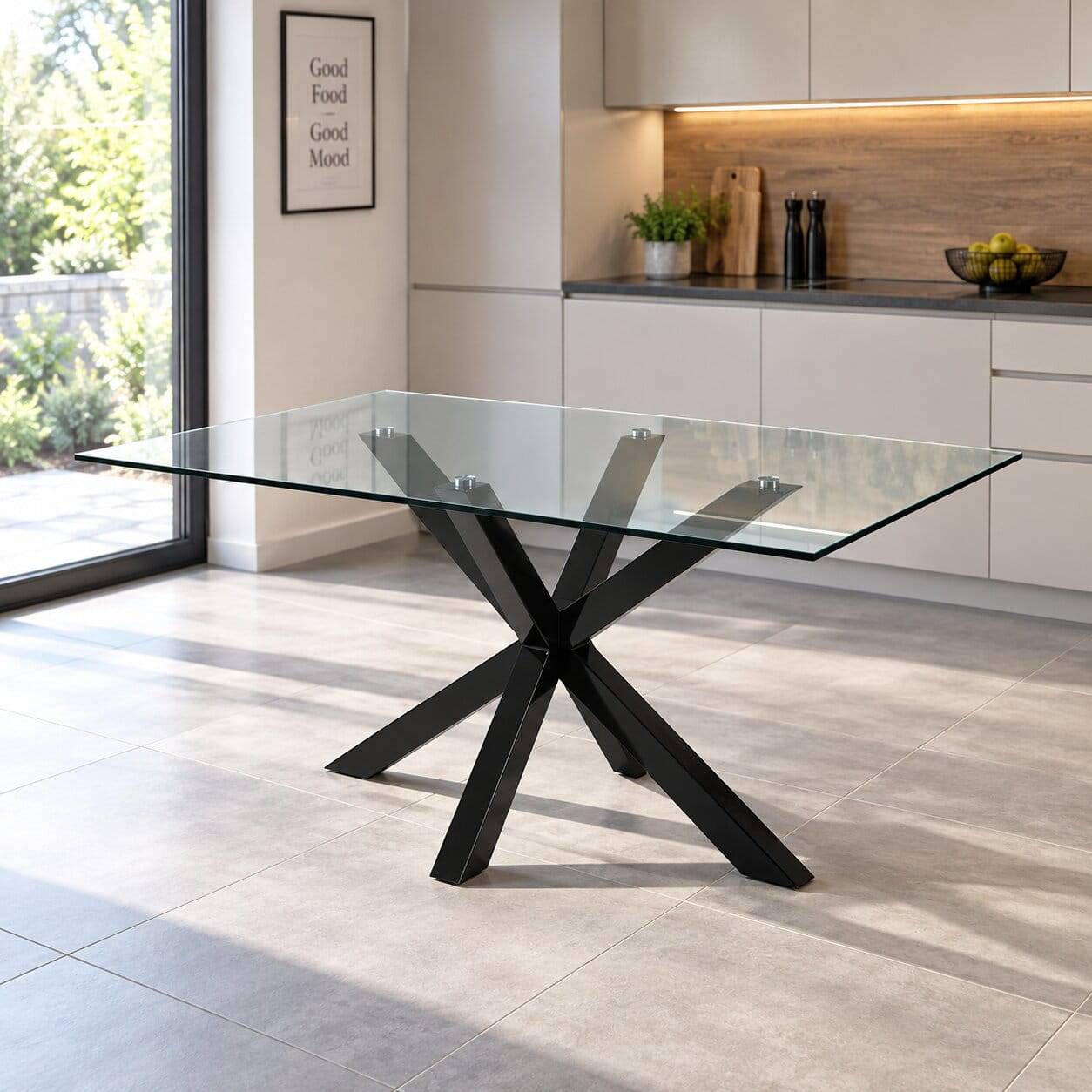 Stylischer Glastisch Transparent Sismail mit Stahl Mikado Gestell Schwarz