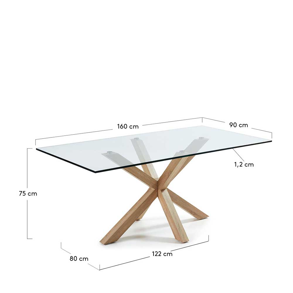 Glas Esszimmertisch mit Stahlgestell Savetrac in Holz Optik