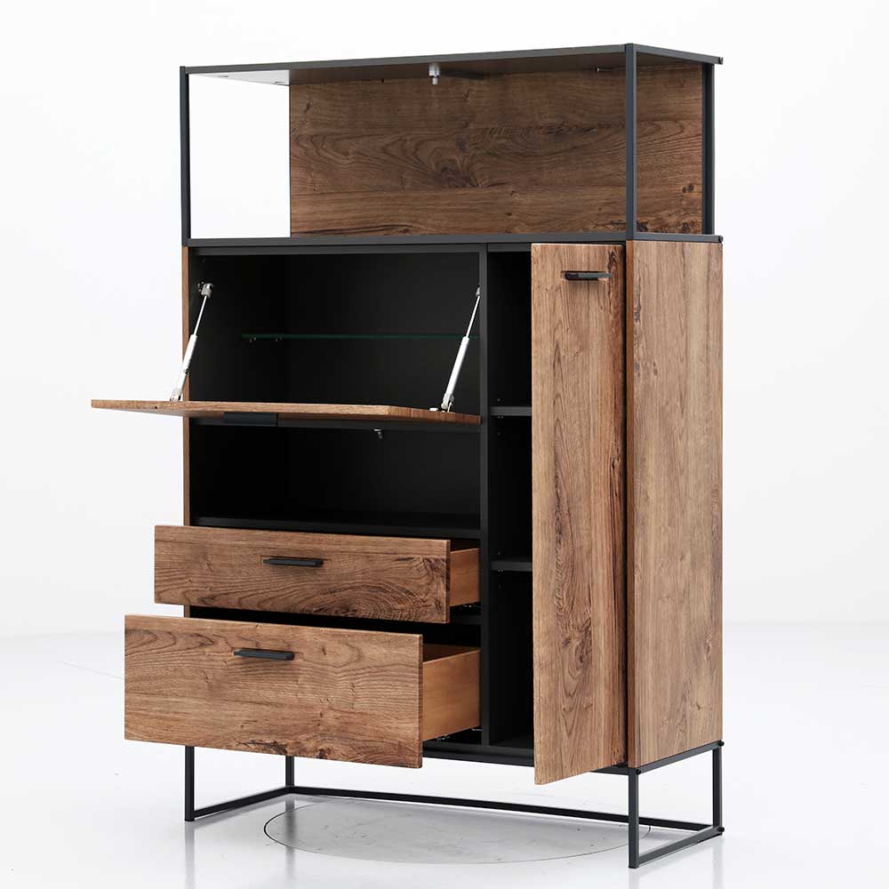Industrial Highboard aus Holzdekor und schwarzem Metall mit offener Klappe, Tür und zwei Schubladen – Xindus