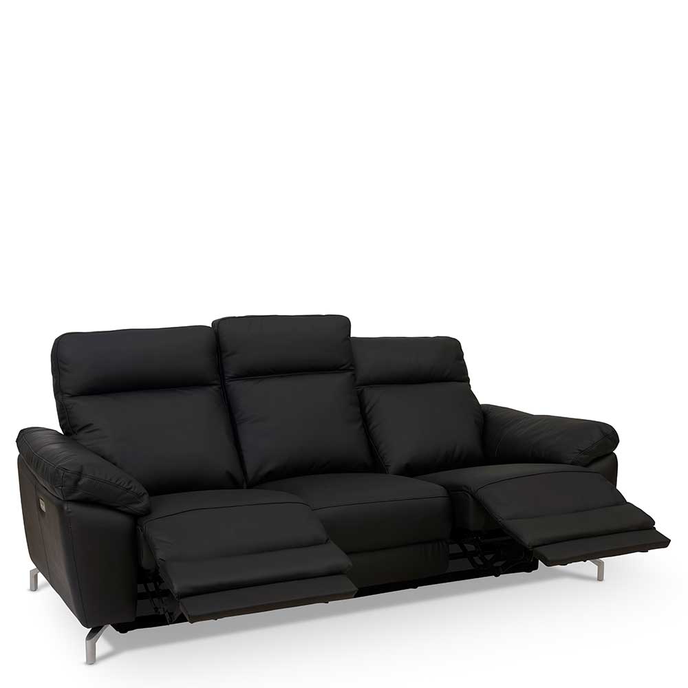 Schwarze Relax Couch aus Leder mit drei Sitzen und ausgeklappten Fußstützen – Vlatkura