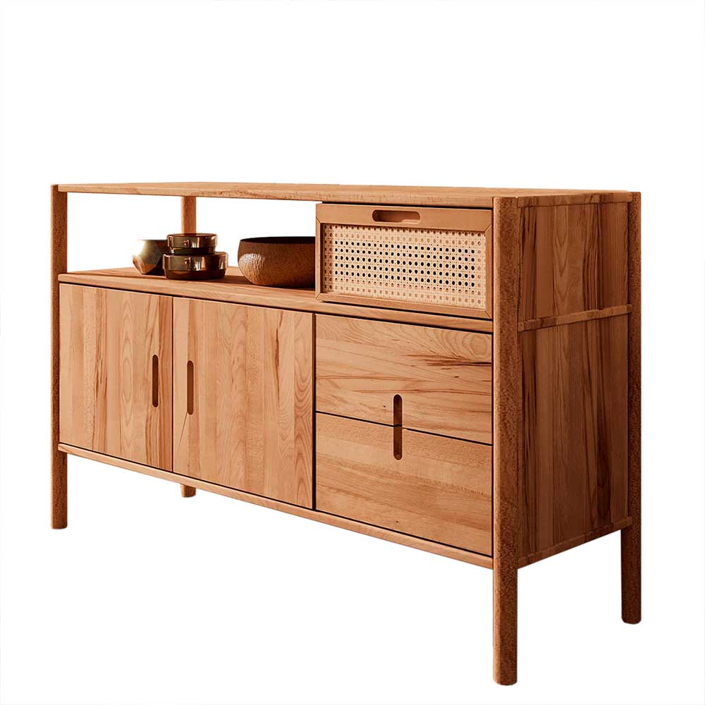 Design Sideboard aus massiver Wildbuche mit Flechtkorb-Details und praktischen Schubfächern für den Flur – Indrya