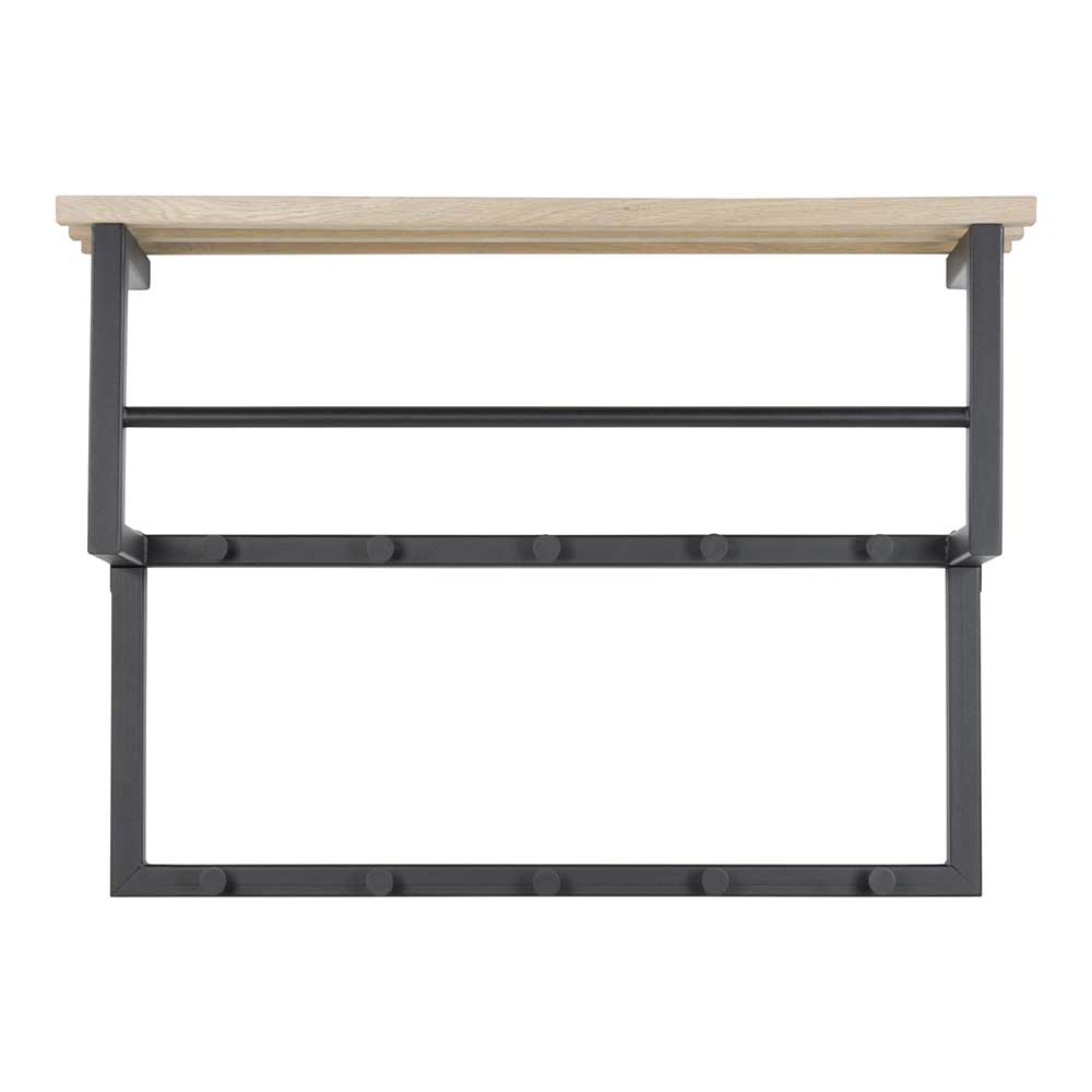 Industrielle Hängegarderobe aus schwarzem Stahl mit Holzablage, Kleiderstange und Haken – Lundreo