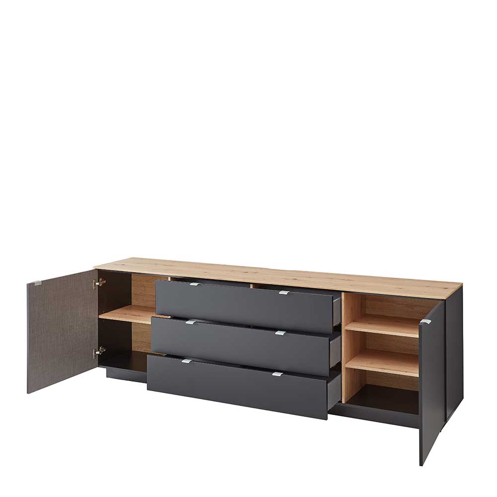 Offenes Sideboard mit Anthrazitfronten, drei Schubladen und zwei Schrankfächern mit Einlegeböden – Hilona