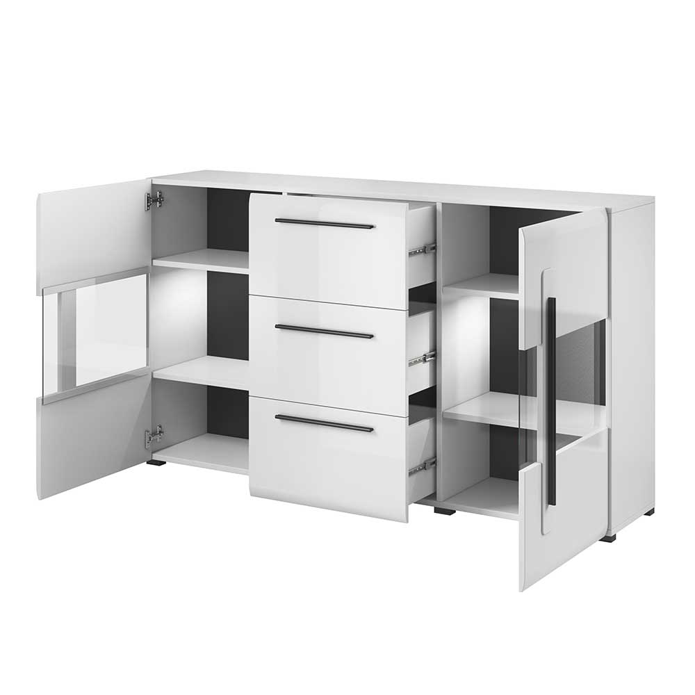 Weißes Hochglanz Sideboard mit geöffneten Türen, Glasfronten und drei Schubladen für viel Stauraum – Baranoma