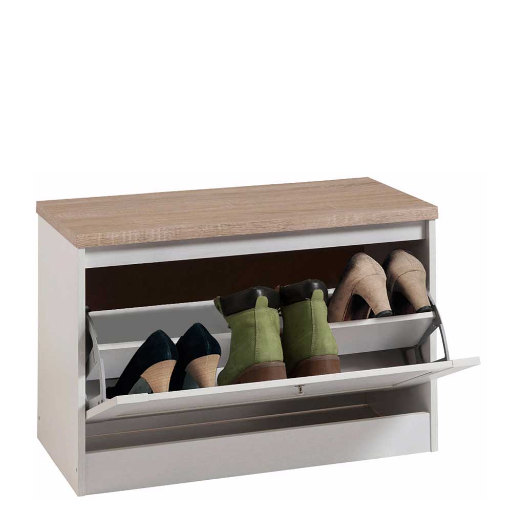 Schuhschrank Landhausstil mit geöffneter Klappe und Schuhen auf zwei Ebenen – Nudion