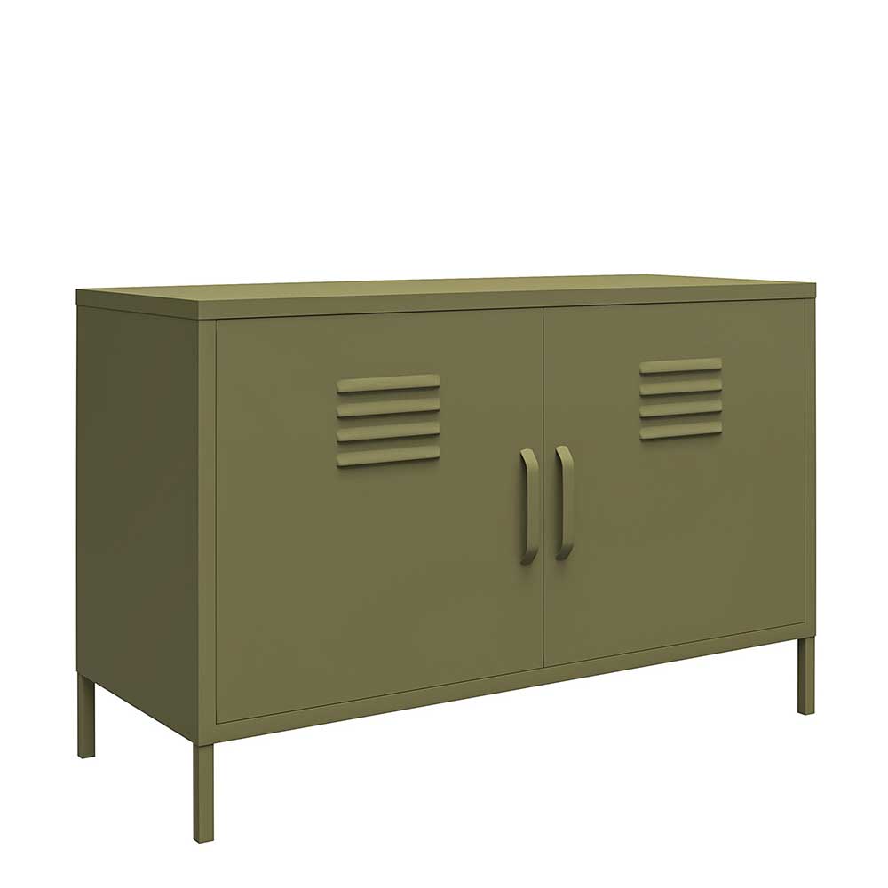 Olivgrünes Metall Sideboard im Spind Design mit zwei Türen und Lüftungsschlitzen – Austral