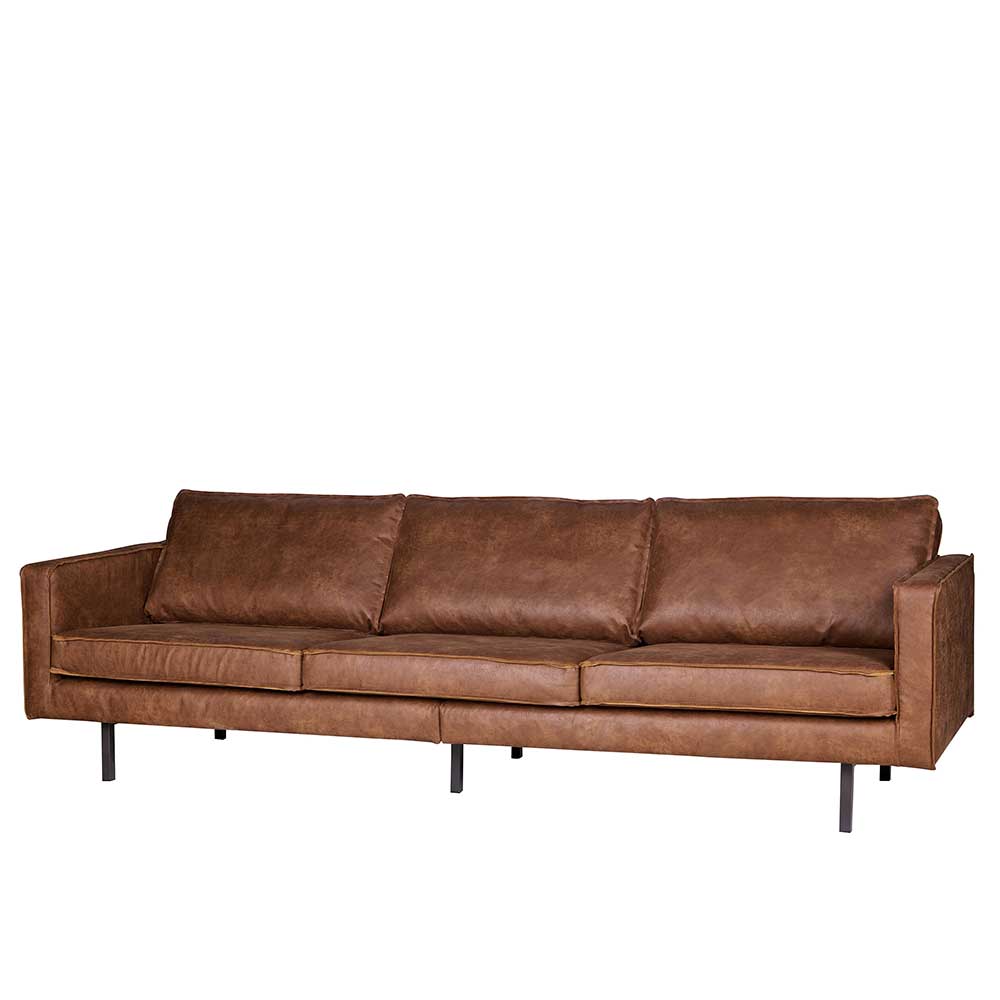 Braunes 3 Sitzer Sofa aus recyceltem Leder mit schwarzen Metallfüßen – Monty