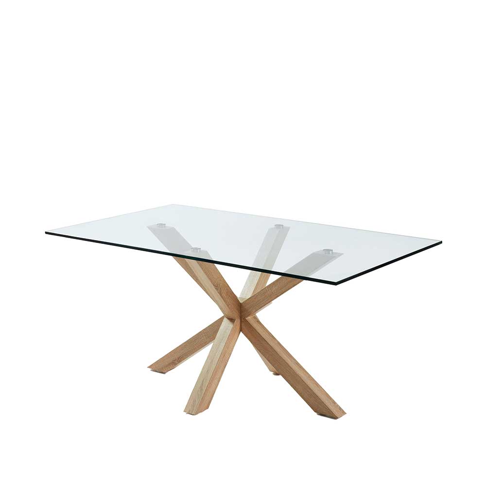 Glas Esszimmertisch mit Stahlgestell Savetrac in Holz Optik