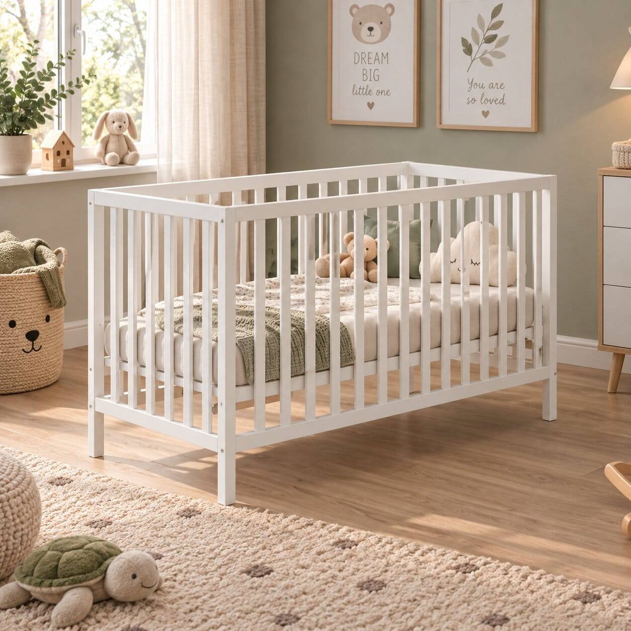 Weißes Babybett mit Rundum-Gitter - Tijong