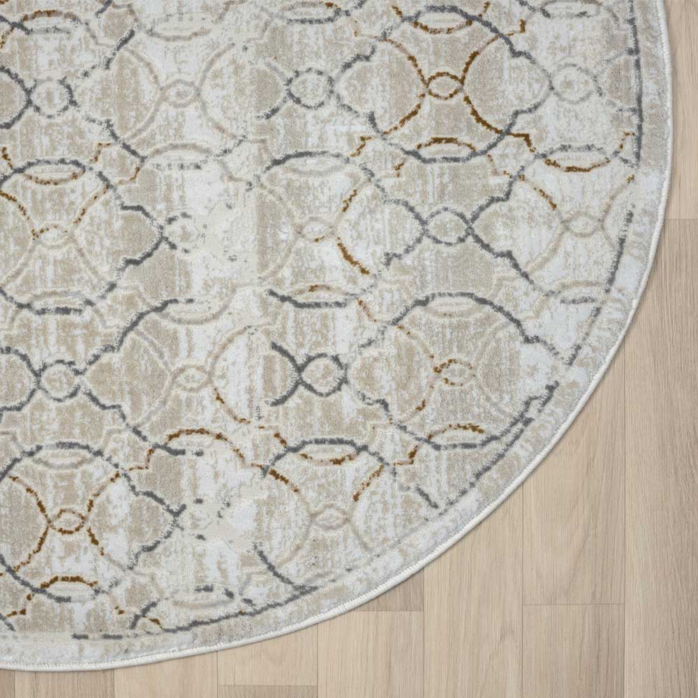 Gemusterter runder Teppich in Beige und Grau mit modernem Design für Flur oder Schlafzimmer – Leak