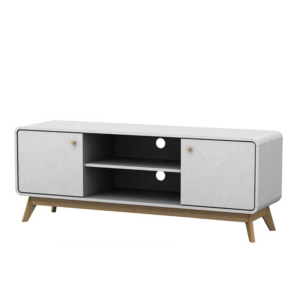 Moderner Skandi Design TV Unterschrank in Weiß mit naturfarbenen Holzfüßen und geschlossenen Türen – Kolreva