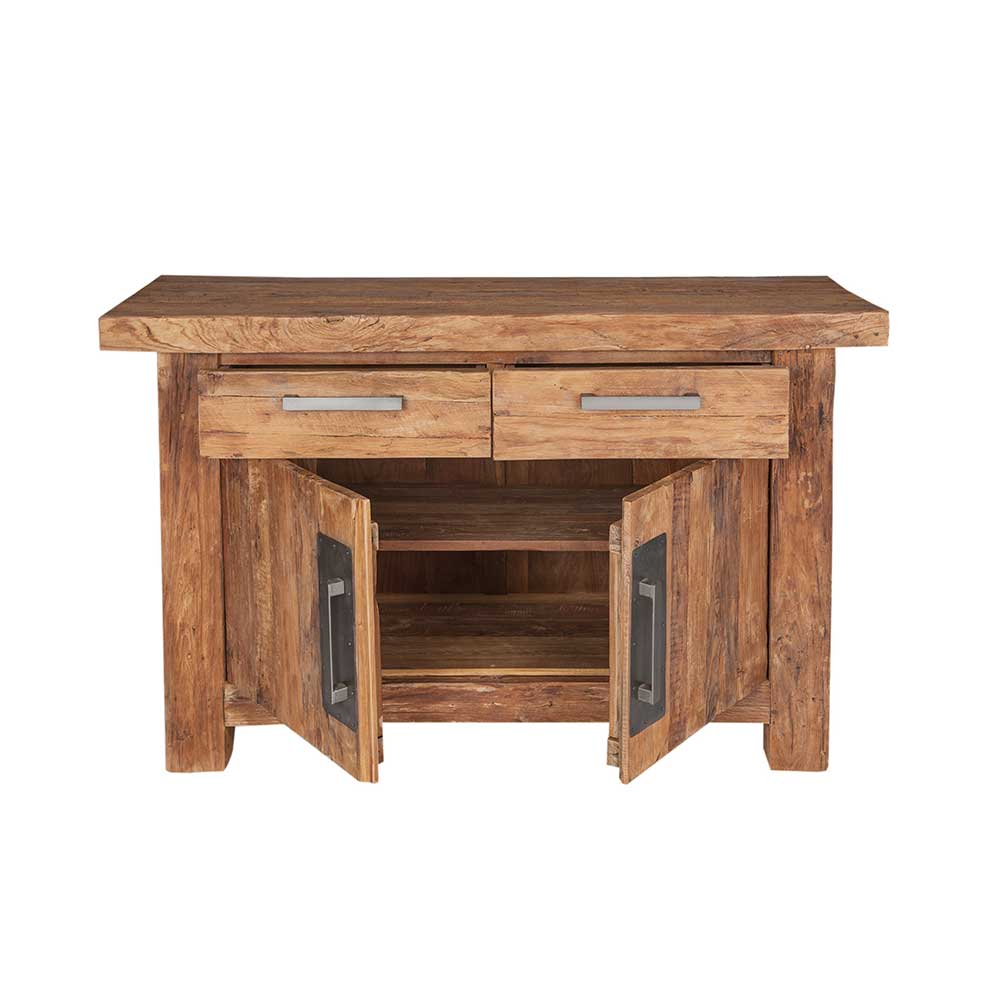Massives Teak Sideboard mit geöffneten Türen und Ablagefächern im Inneren für Esszimmer – Ragista