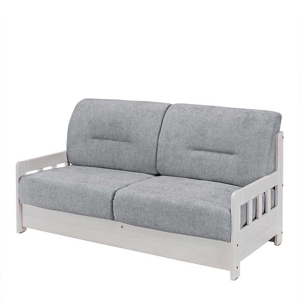 Bettsofa in Grau mit weißem Holzgestell in kompakter Sofa-Konfiguration – Alberus