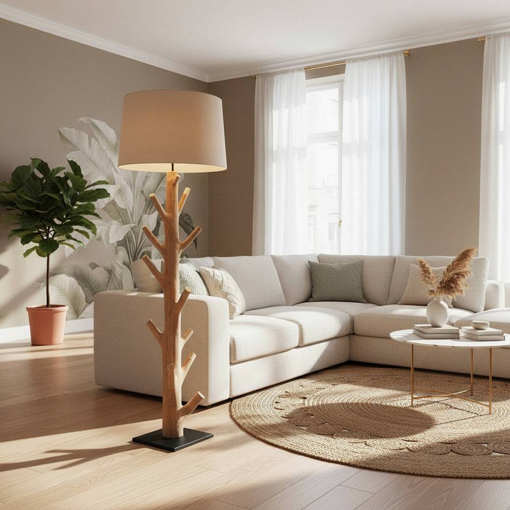 Stehlampe mit Stoffschirm und Naturholz Fuß - Longli