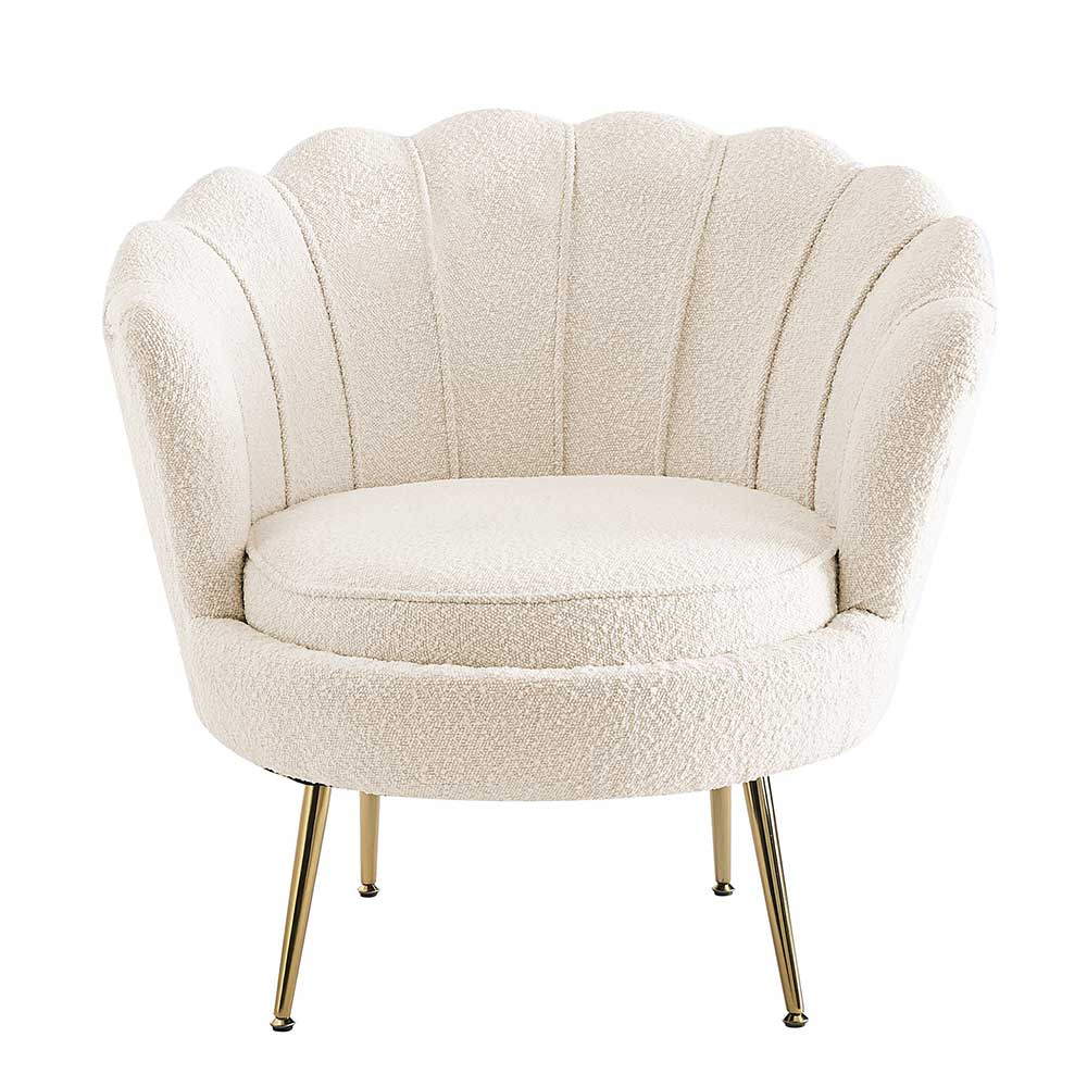 Eleganter Muschel Sessel in Creme Boucle Stoff mit goldenen Beinen für Wohnzimmer – Ucera