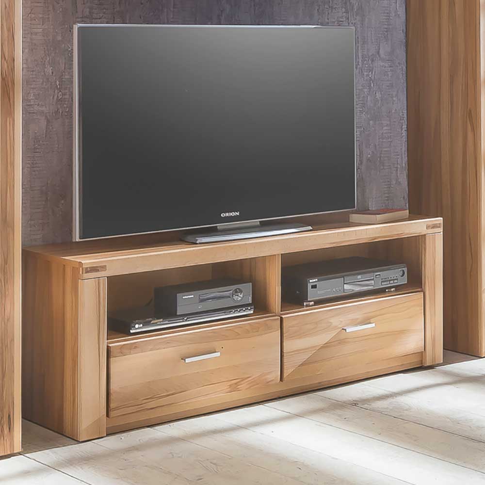 Modernes Kernbuche TV Sideboard 138cm breit mit zwei Schubladen und Fächern im Wohnzimmer – Uhelia