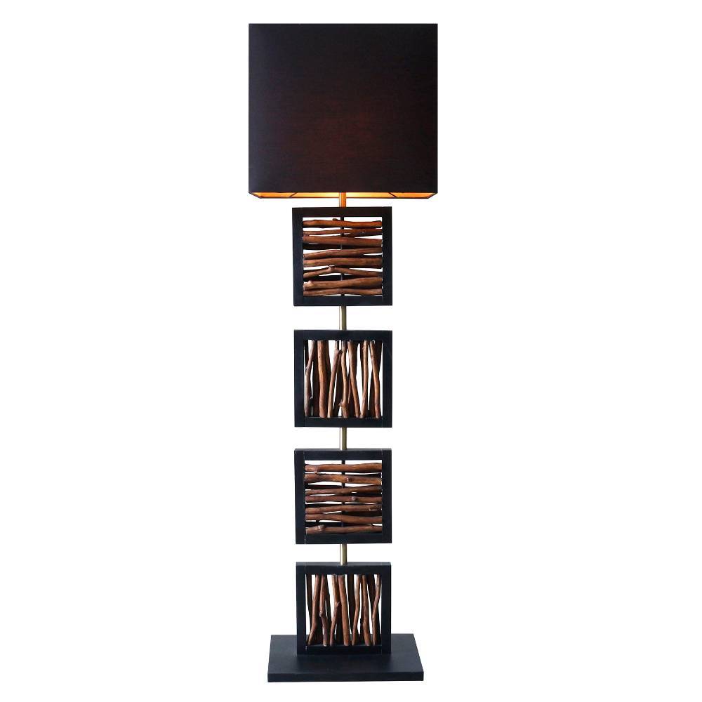 Schwarze Design-Stehleuchte mit Holzdekor und Stoffschirm für moderne Einrichtung – Cylian