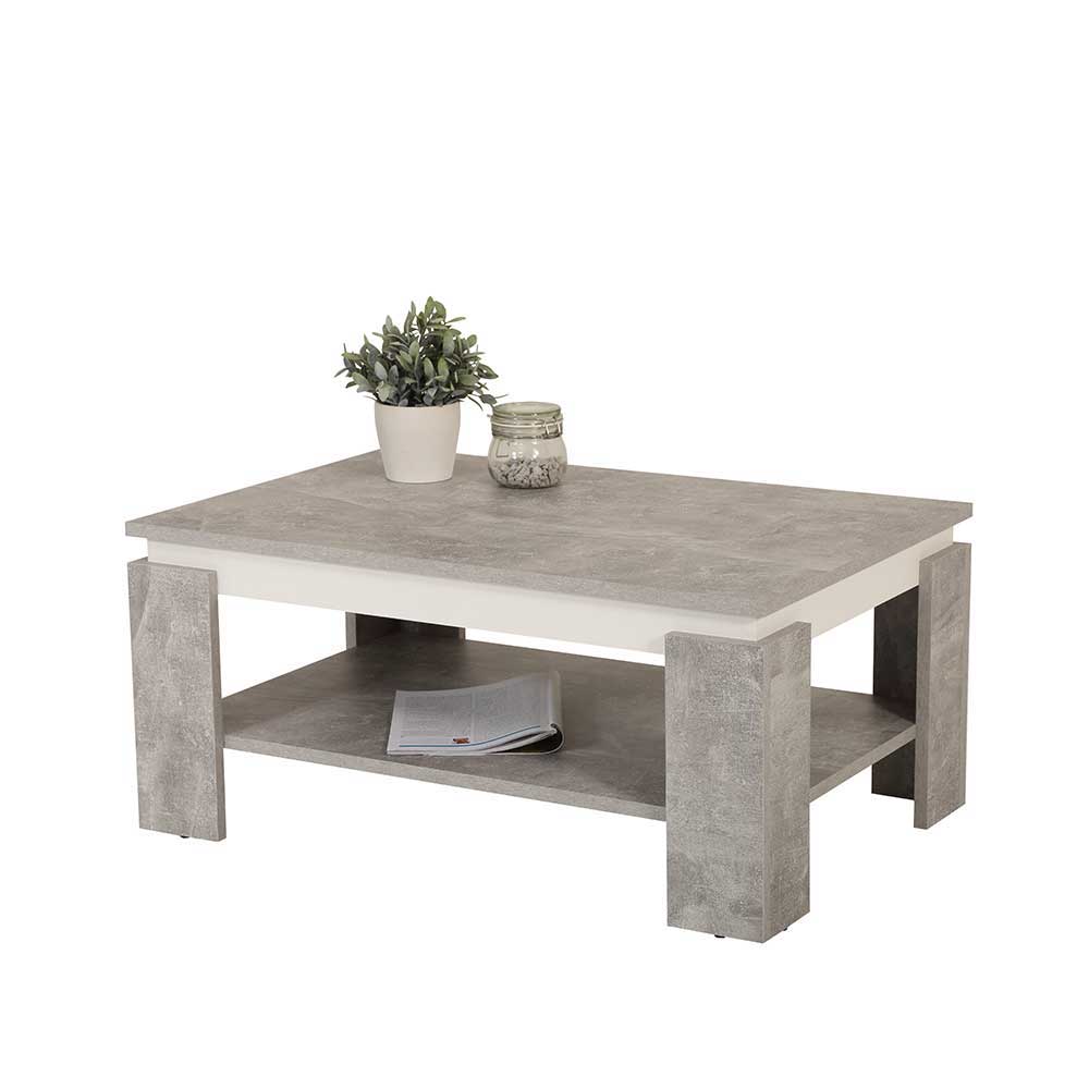 Geräumiger Couchtisch 90x60 cm in Beton Grau und Weiß mit Ablage – Yawira