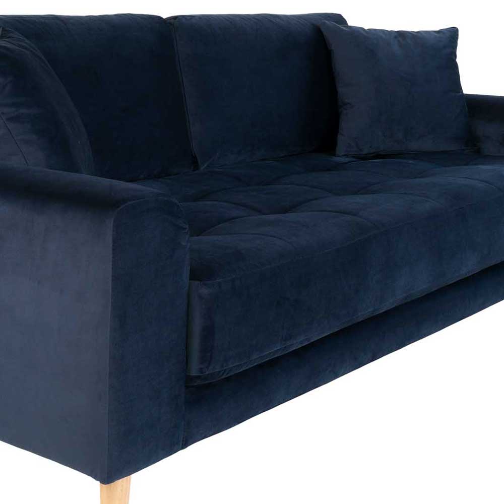 Marineblaue Samtsofa mit Knopfheftung auf der Sitzfläche und bequemen Armlehnen – Jelleva