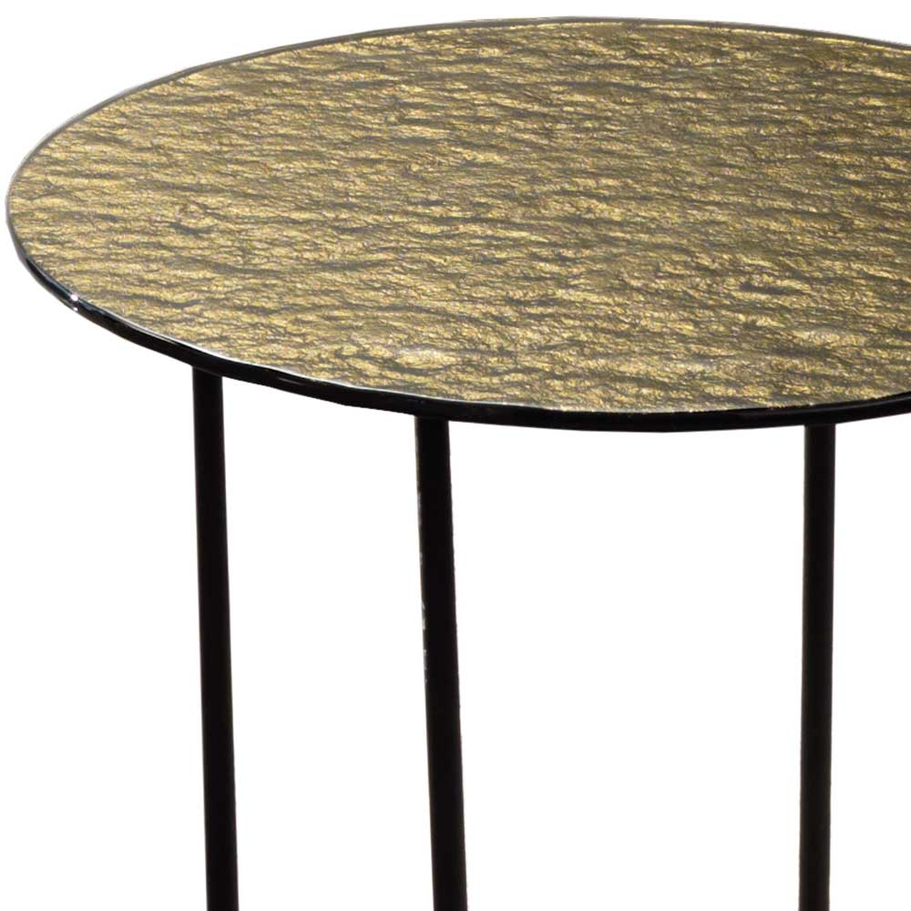 Runder Couchtisch mit goldfarbener Strukturglasplatte und schwarzen Metallbeinen – Jacintas