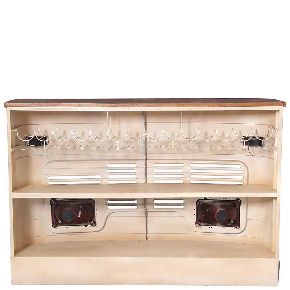 Upcycling LKW Bar Theke Innenansicht mit Weinregal, Ablagen und integrierten Lichtern – Umbrosin