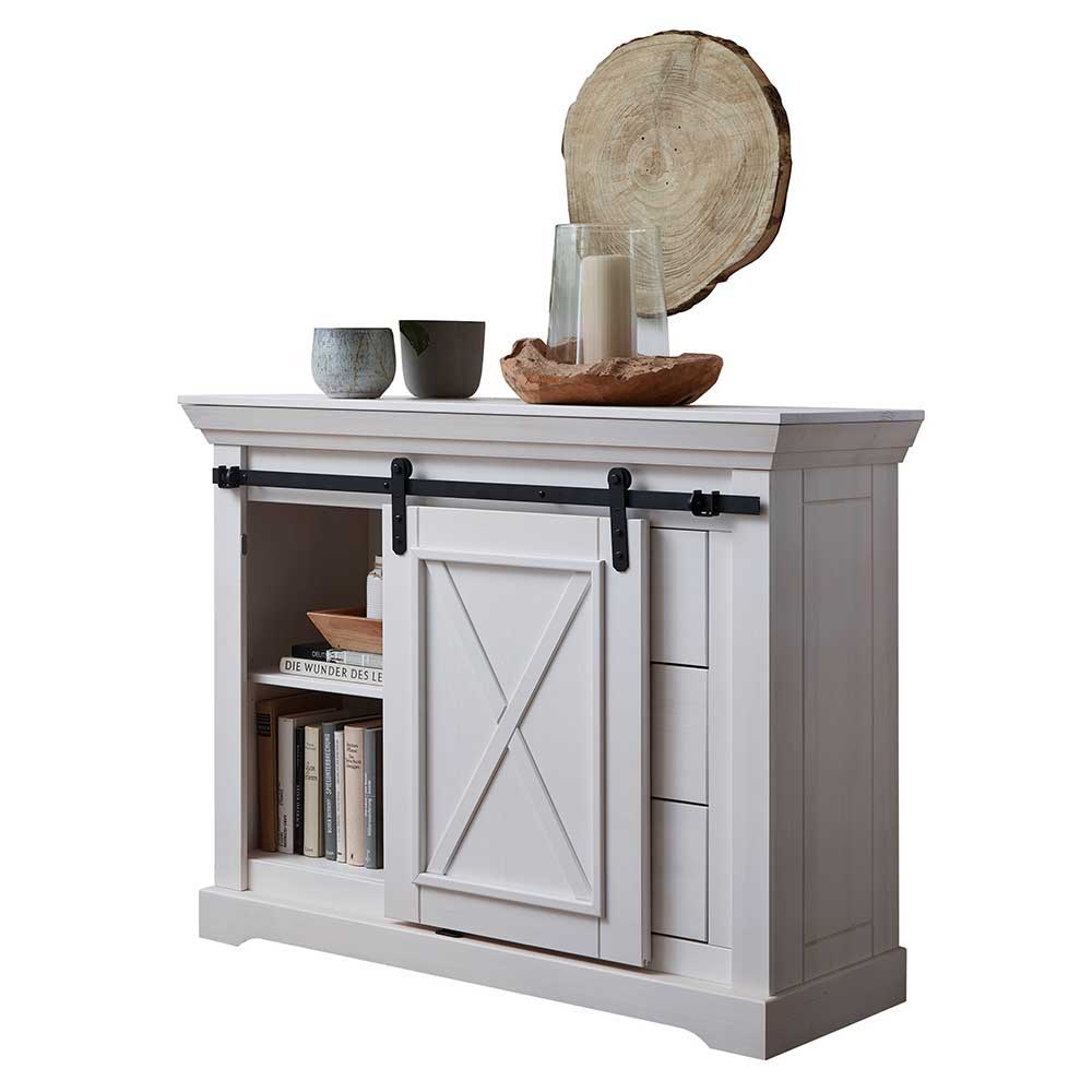 Weiße Sideboard Kommode mit offener Schiebetür und zwei präsentierten Regalböden – Kuito