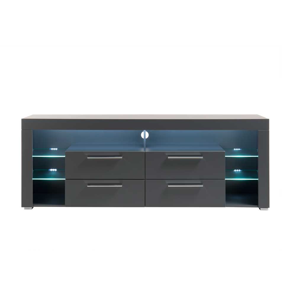 Modernes TV Lowboard in Grau mit blauer LED Beleuchtung und vier Schubladen – Ansonka